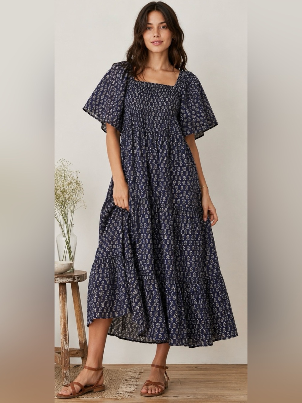 DOEN Archived Rare Navy Floral Block PrintCotton Boho Cottagecore Dress | Medium